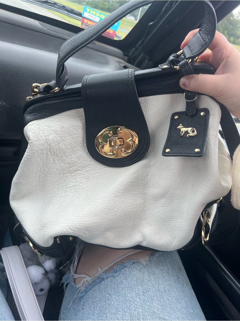 White & Black Genuine Leather Emma Fox Hanbag Tote